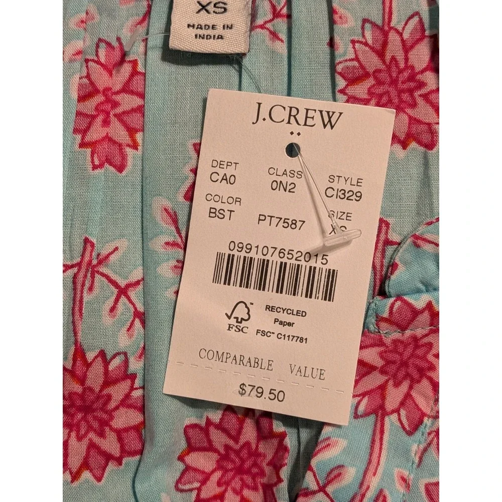 J. Crew Aqua Pink Floral Smocked‎ Flutter Sleeve V-Neck Blouse Top XS NWT $80